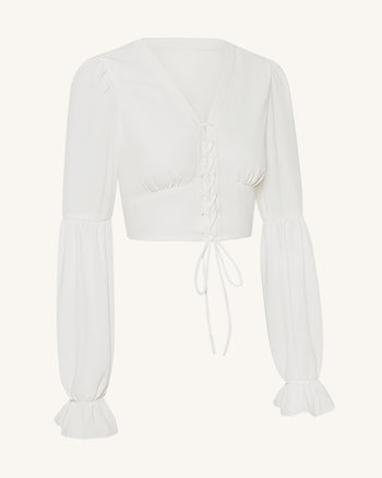 Blouse courte en mousseline à manches lanternes à nouer sur le devant - Blanc