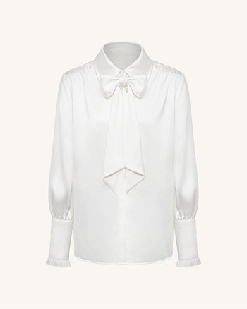 Blouse à manches ballon et lien à nouer – Blanc