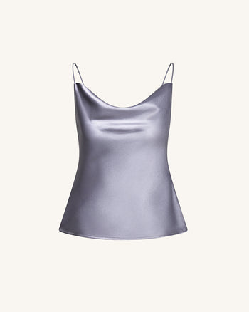 Caraco à col bénitier en satin fluide – Argenté