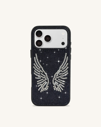 Coque de téléphone ailes d'ange en cristal artificiel - Noir