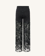 Jean en denim brodé taille haute à jambe large en dentelle avec strass - Noir