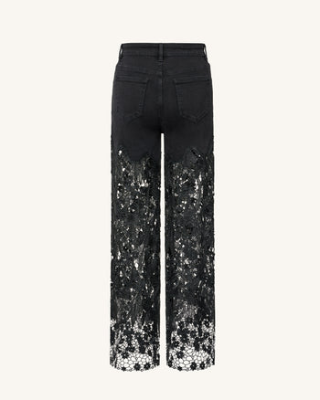 Jean en denim brodé taille haute à jambe large en dentelle avec strass - Noir