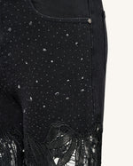 Jean en denim brodé taille haute à jambe large en dentelle avec strass - Noir