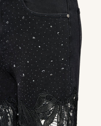 Jean en denim brodé taille haute à jambe large en dentelle avec strass - Noir