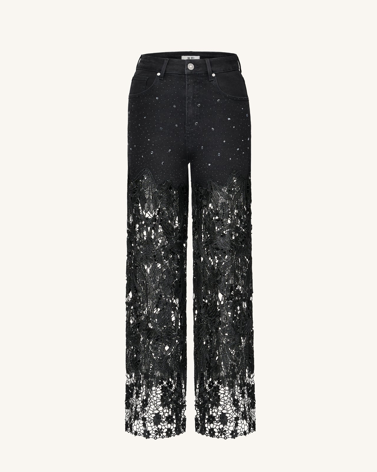 Jean en denim brodé taille haute à jambe large en dentelle avec strass - Noir