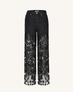 Jean en denim brodé taille haute à jambe large en dentelle avec strass - Noir