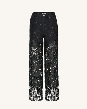 Jean en denim brodé taille haute à jambe large en dentelle avec strass - Noir