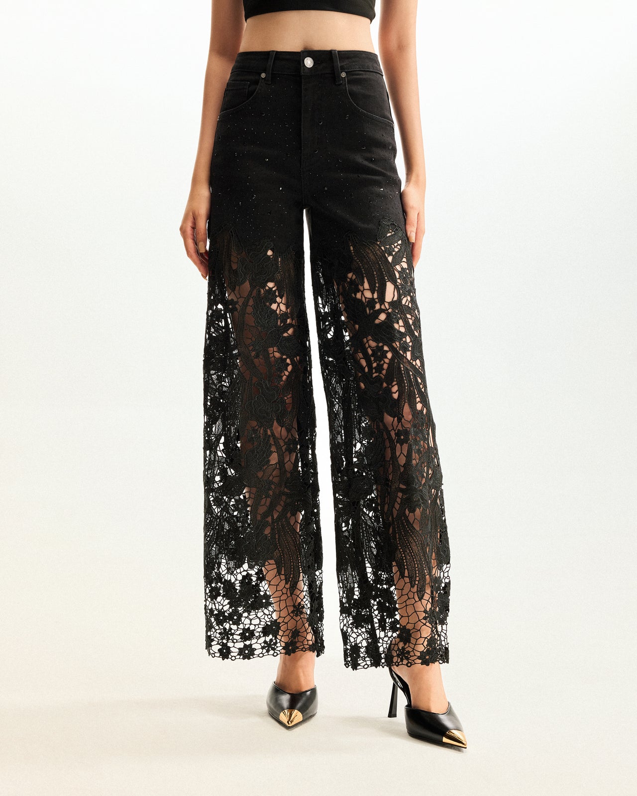 Jean en denim brodé taille haute à jambe large en dentelle avec strass - Noir