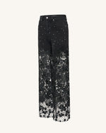 Jean en denim brodé taille haute à jambe large en dentelle avec strass - Noir