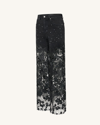 Jean en denim brodé taille haute à jambe large en dentelle avec strass - Noir
