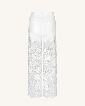 Broderie Jean large taille haute en dentelle denim avec strass – Blanc