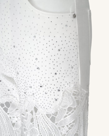Broderie Jean large taille haute en dentelle denim avec strass – Blanc