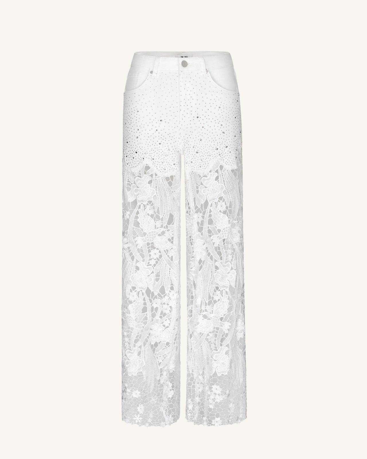 Jean en denim blanc taille haute à jambes larges, broderie, dentelle et strass