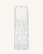 Jean en denim blanc taille haute à jambes larges, broderie, dentelle et strass