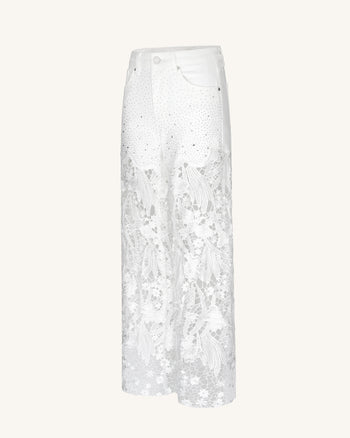 Broderie Jean large taille haute en dentelle denim avec strass – Blanc