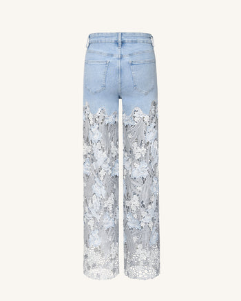 Jean en denim brodé taille haute à jambe large en dentelle avec strass - Bleu clair