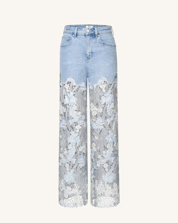 Jean en denim brodé taille haute à jambe large en dentelle avec strass - Bleu clair