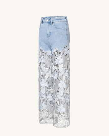 Jean en denim brodé taille haute à jambe large en dentelle avec strass - Bleu clair