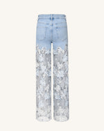 Jean en denim brodé taille haute à jambe large en dentelle avec strass - Bleu clair