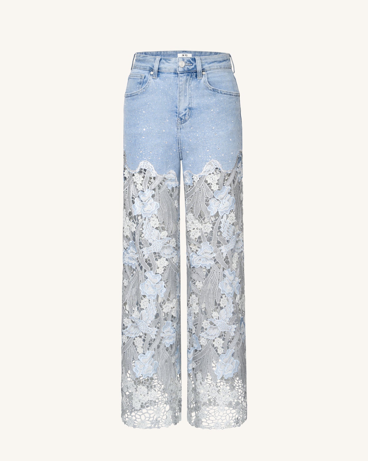 Jean en denim brodé taille haute à jambe large en dentelle avec strass - Bleu clair