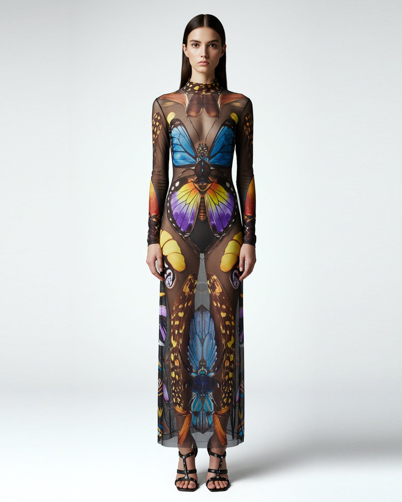 Robe longue en tulle à motif papillon – Multicolore