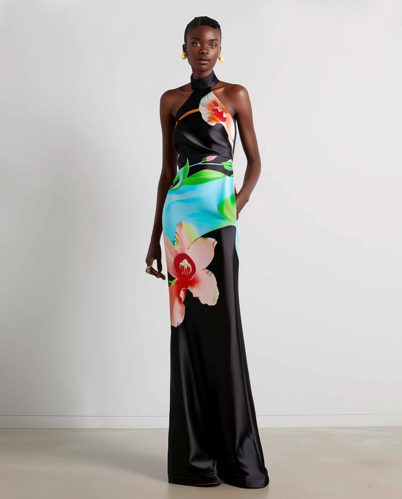 Robe dos nu en satin à fleurs – Noir multicolore