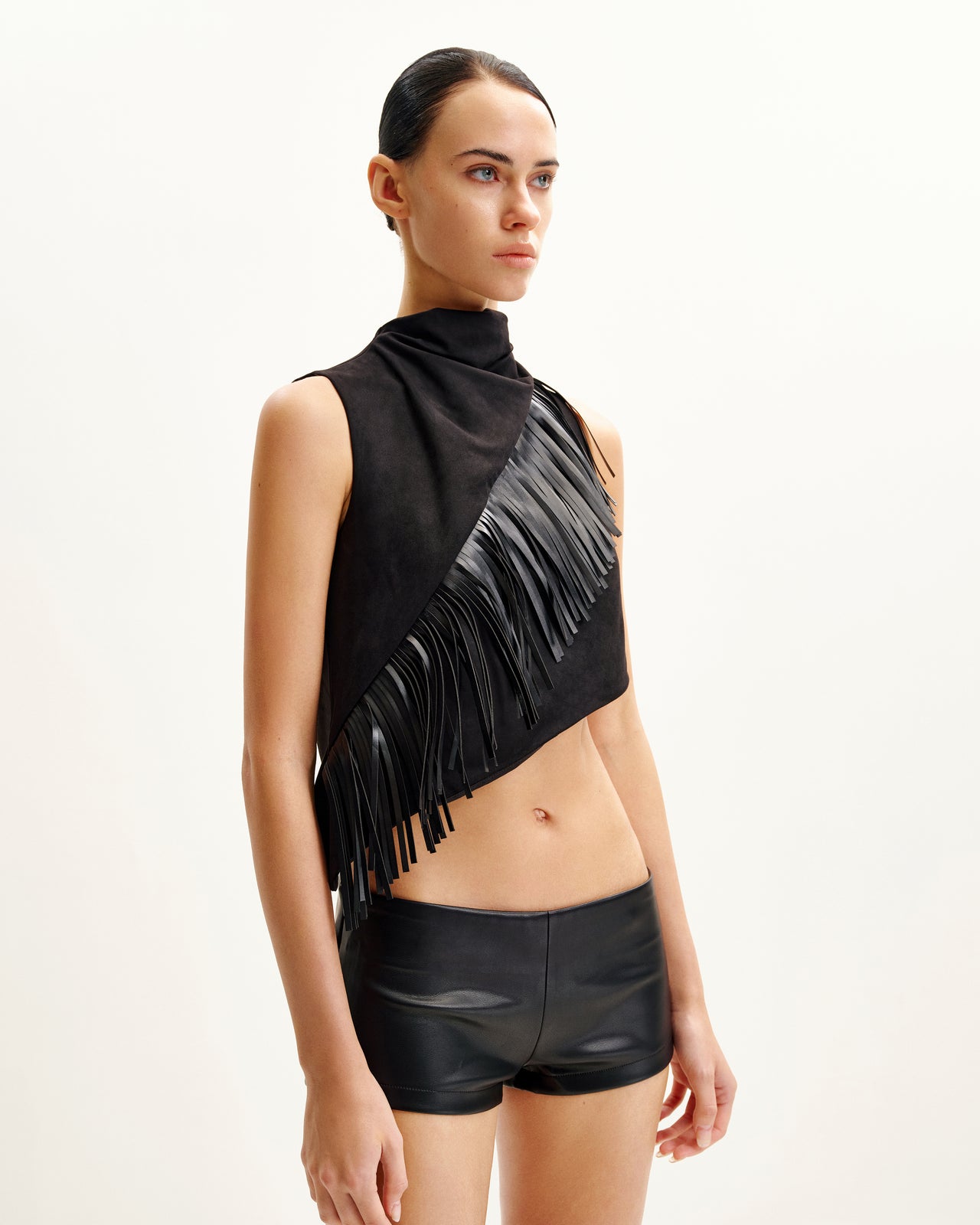 Top suédé à franges asymétriques Adeline - Noir