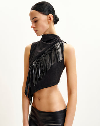 Top suédé à franges asymétriques Adeline - Noir