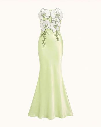 Robe longue fendue en satin sans bretelles avec fleurs 3D - Vert clair