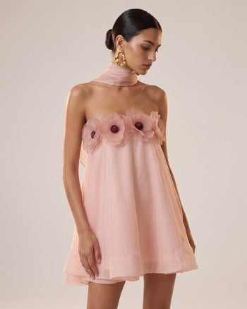 Poppy Robe courte dos nu drapée brodée - Rose poudré