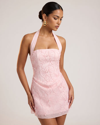 Mini-robe dos nu à encolure carrée brodée de perles Orchidée - Rose poudré
