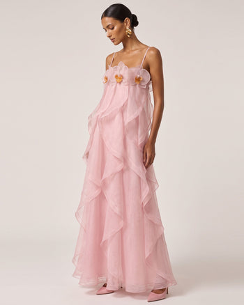 Robe longue en organza brodée d'orchidées - Rose poudré