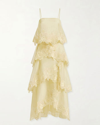 Robe longue superposée brodée d'orchidées - Jaune clair