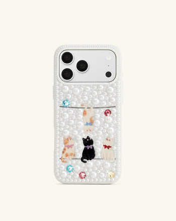 Coque de téléphone chats espiègles ornés de perles - Blanc