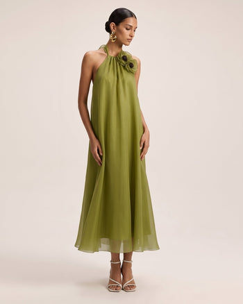 Poppy Robe midi trapèze avec détails brodés au niveau du cou - Vert olive