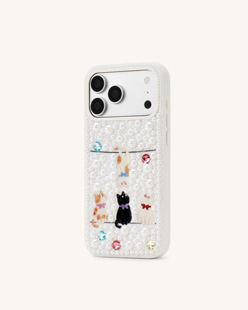 Coque de téléphone chats espiègles ornés de perles - Blanc