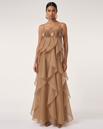 Robe longue en organza brodée d'orchidées - Marron clair