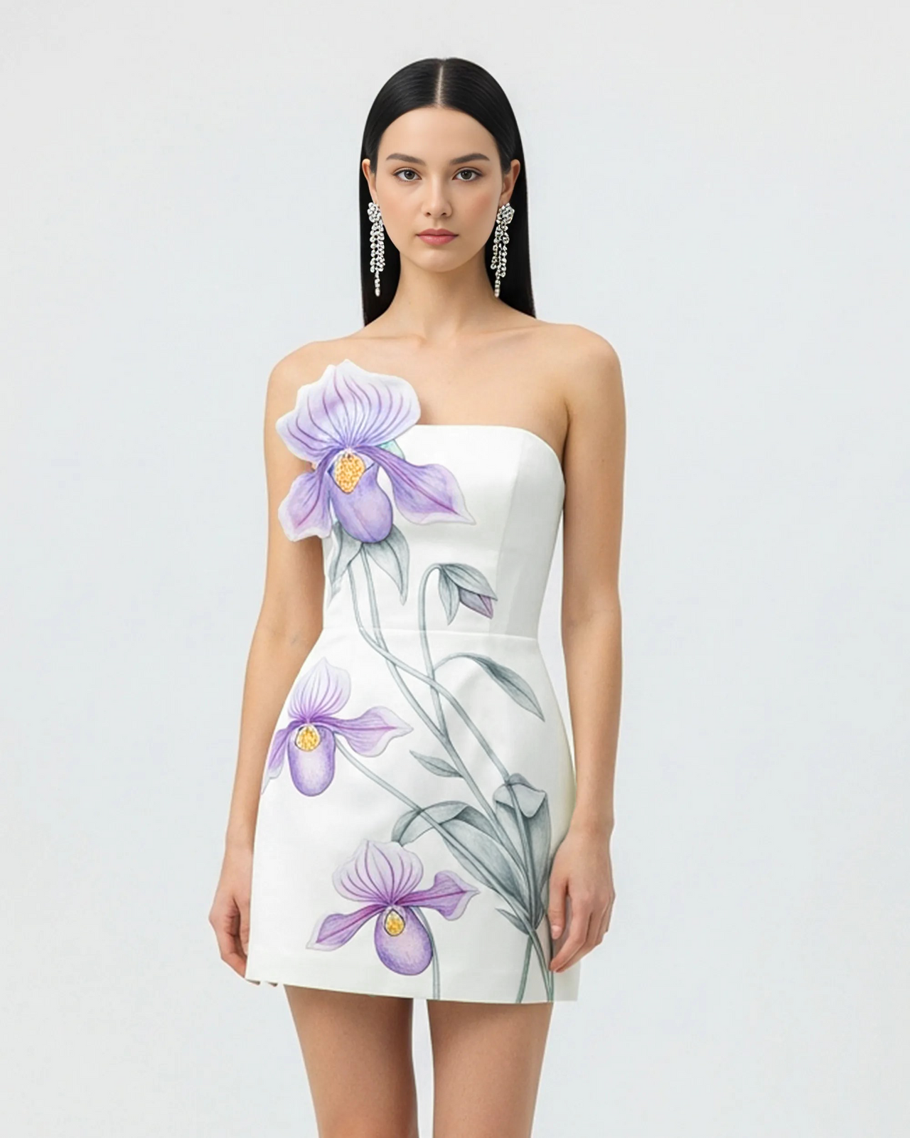 Robe courte à appliqué d'orchidée sabot - Blanc