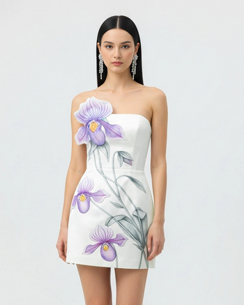 Robe courte à appliqué d'orchidée sabot - Blanc