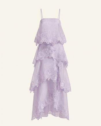 Robe longue superposée brodée d'orchidées - Violet clair