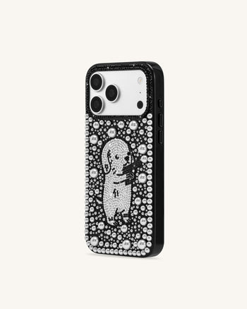 Coque de téléphone chiot en perles et cristaux artificiels - Noir