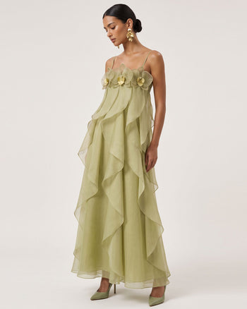 Robe longue en organza brodée d'orchidées - Vert clair
