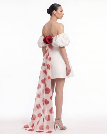 Mini-robe à manches bouffantes avec traîne et fleurs 3D en forme de coquelicot - Ivoire
