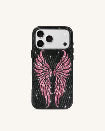 Coque de téléphone à strass ailes d'ange rose - Noir