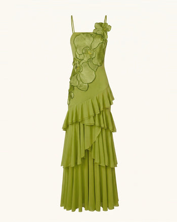 Robe longue asymétrique à volants et broderie orchidée - Vert olive