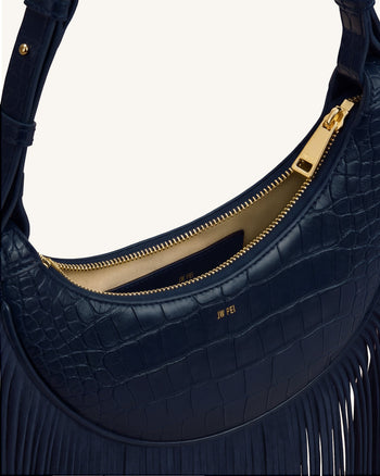 Sharon Sac bandoulière à franges - Bleu marine croco