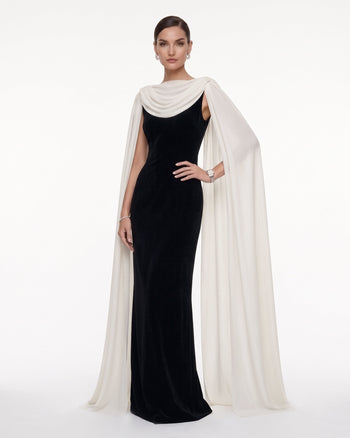 Robe longue à col bénitier et cape transparente - Noir & Blanc
