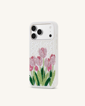 Coque de téléphone tulipe en fausses perles - Blanc