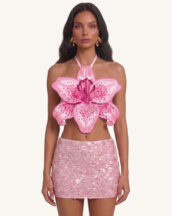 Crop top dos nu 3D motif lys - Rose