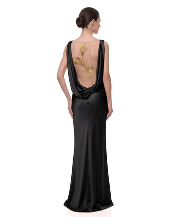 Calla Lily Robe satinée dos nu transparente dorée - Noir